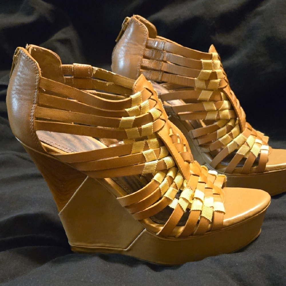 Gianni Bini Tan and Gold Wedge Sandals